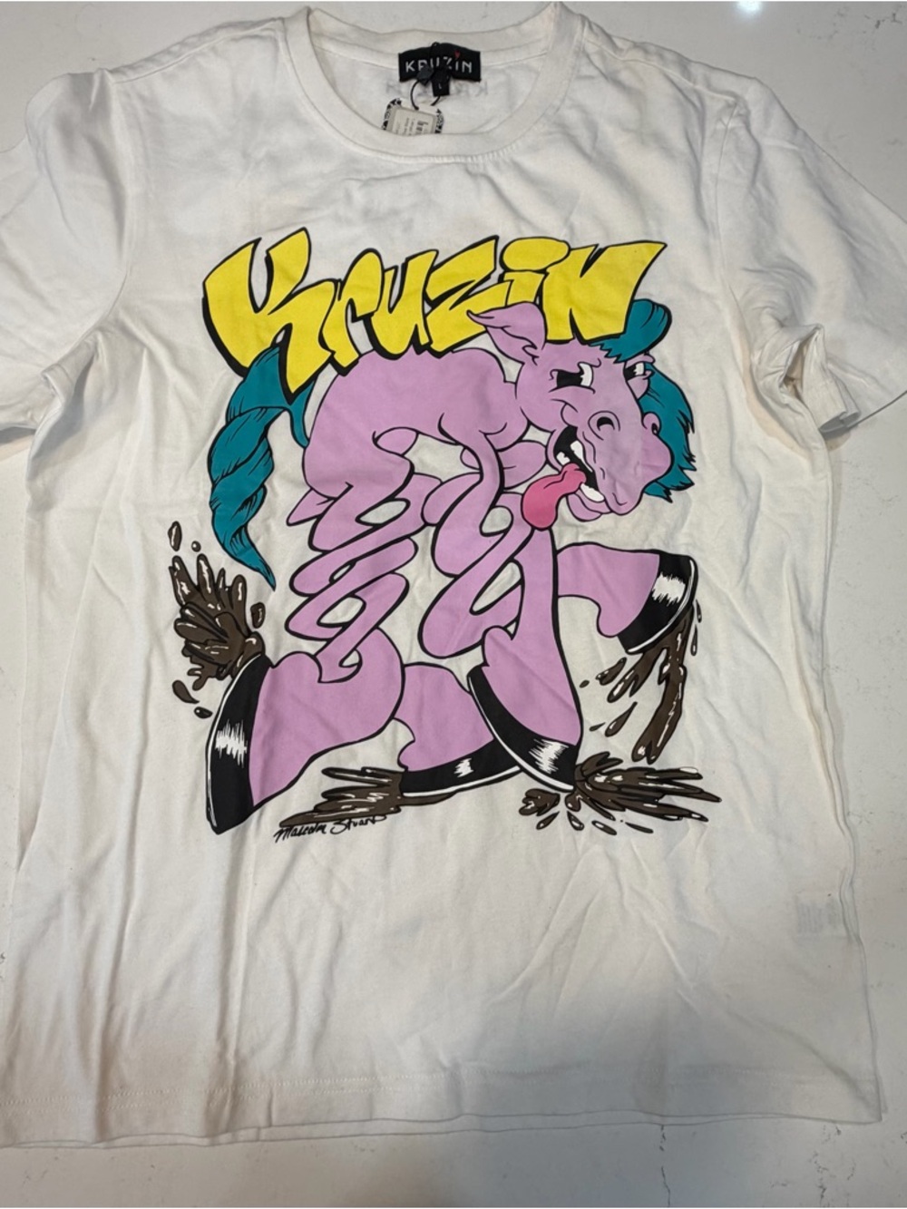 Kruzin White Graphic Tee with Pink Cartoon Horse